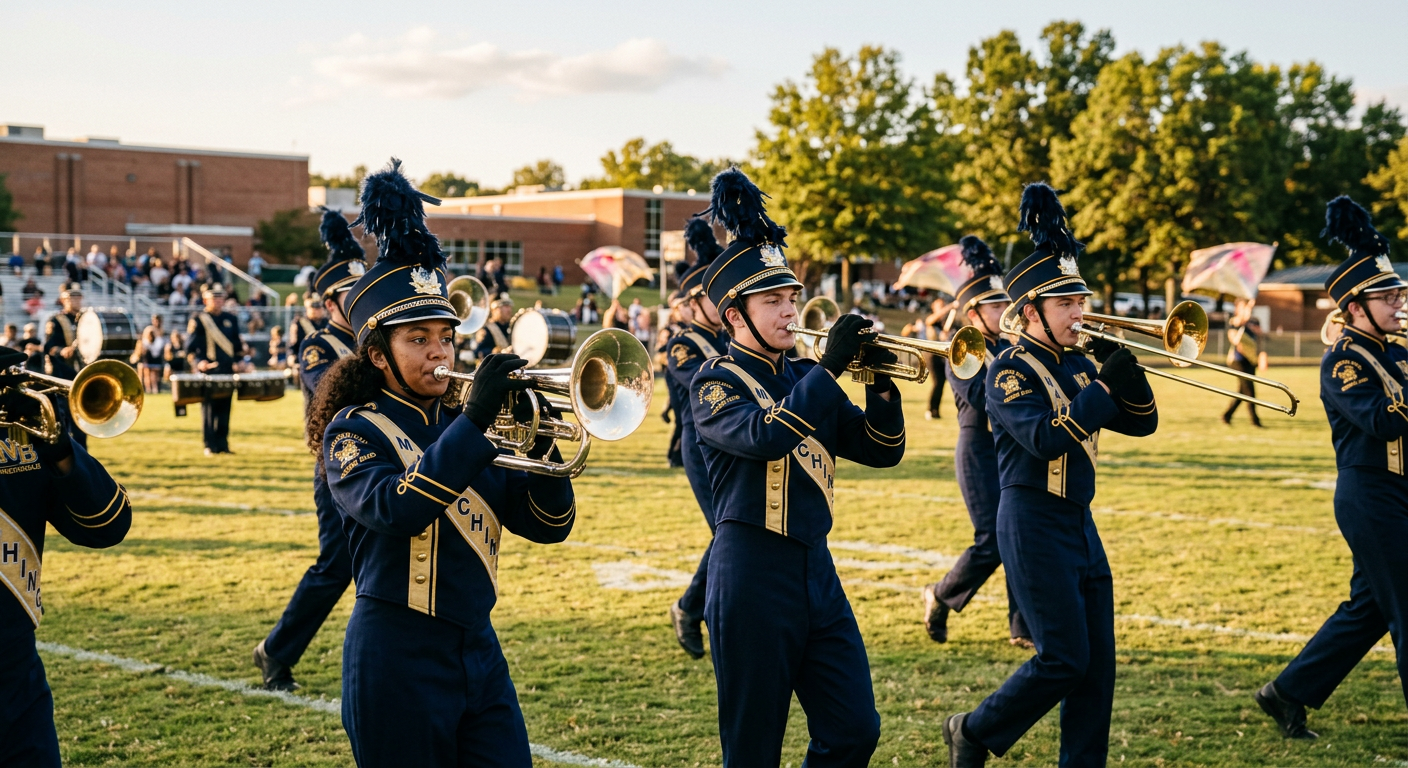 Marching band students playing brass instruments outdoors