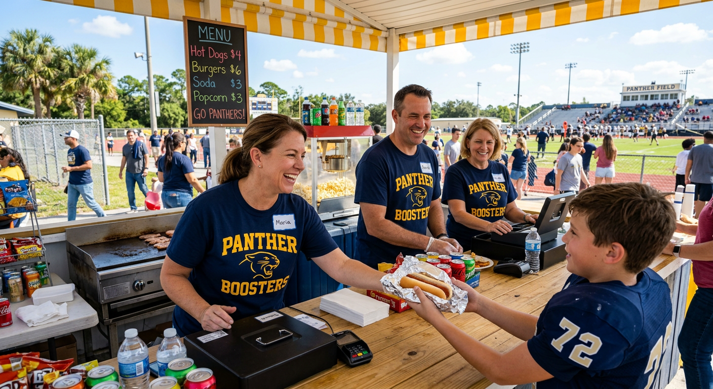 Parent volunteers running a concession stand at a school sports event